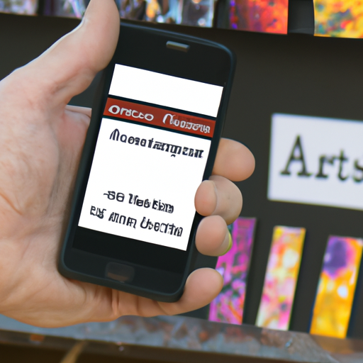 אמן מחזיק כרטיס ביקור דיגיטלי בסמארטפון, כשברקע מוצגות יצירות האמנות שלו.