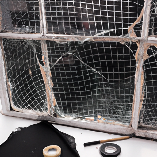 חלון שבור עם ערכת תיקון רשת בסמוך, מוכן להתקנה