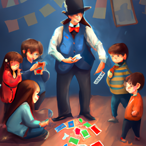 קוסם מראה טריק קלפים לקבוצת ילדים נרגשים