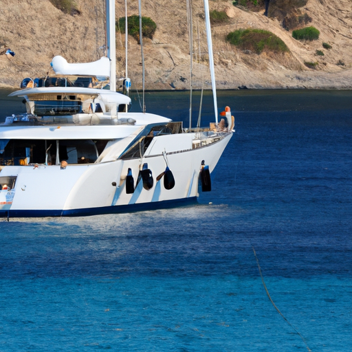 A luxury yacht anchored near a secluded beach, with a private guide preparing for an excursion.
